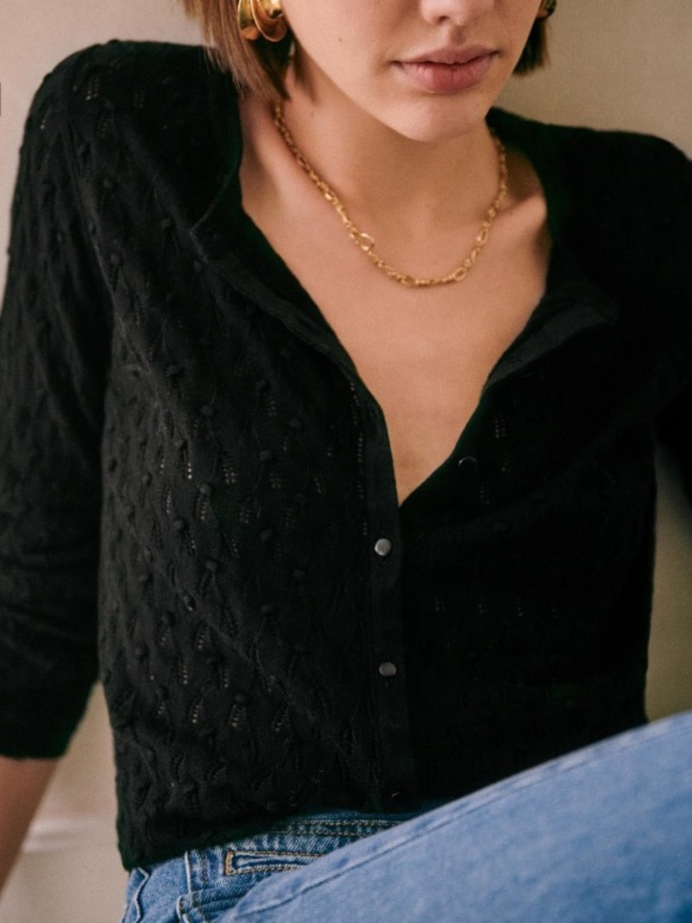 Sézane Black Philippe 100% Cotton Knit Cardigan - Picture 2 of 14